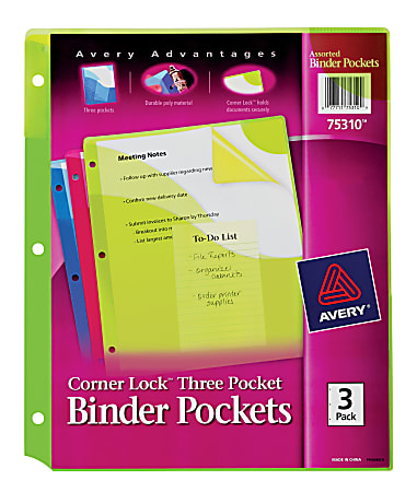 Avery® Corner Lock™ 3-Pocket Binder Pockets, 20 Sheet Capacity, Assorted Colors, Pack Of 3