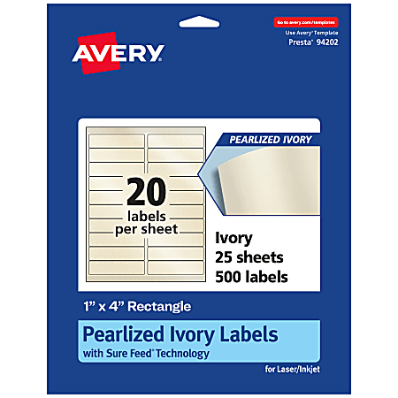Avery® Pearlized Permanent Labels With Sure Feed®, 94202-PIP25, Rectangle, 1" x 4", Ivory, Pack Of 500 Labels