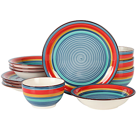 Gibson Home Rainbow 12-Piece Stoneware Dinnerware Set, Blue/Multicolor