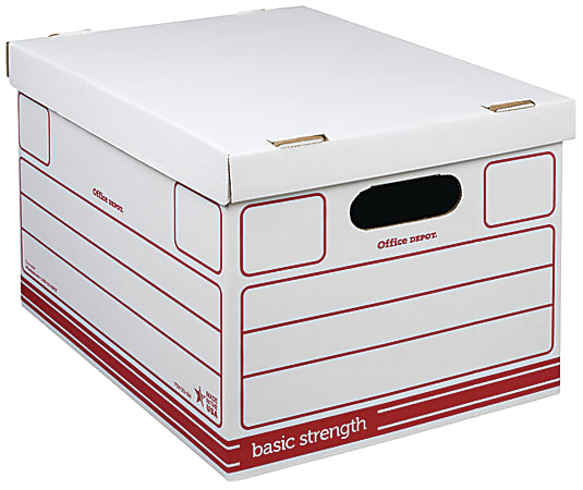 Office Depot® Brand Standard-Duty Storage Boxes With Lift-Off Lids And Built-In Handles, 15" x 12" x 10", Letter/Legal Size, 60% Recycled, Red/White, Case Of 10