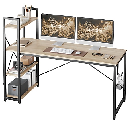 Bestier Modern Office Desk With Storage Shelf & Headset Hook, 63"W, Light Oak