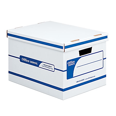 Office Depot® Brand Quick Set-Up Storage Boxes With Lift-Off Lid, Letter/Legal, 15" x 12" x 10", 60% Recycled, White/Blue, Pack Of 4