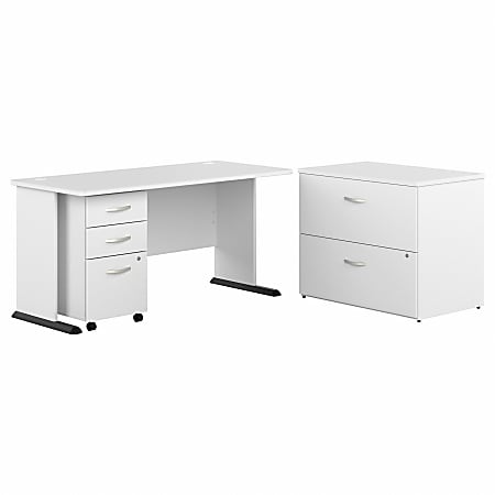 Bush® Business Furniture Studio A 60"W Computer Desk With Mobile and Lateral File Cabinets, White, Standard Delivery