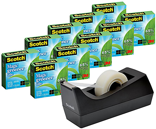 Scotch Greener Magic Tape with Dispenser, Invisible, 3/4 in x 900 in, 10 Tape Rolls, Clear, Home Office and School Supplies