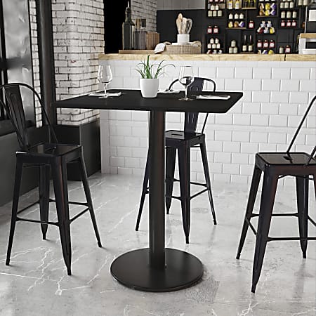 Flash Furniture Square Laminate Table Top With Round Bar Height Table Base, 43-3/16”H x 36”W x 36”D, Black