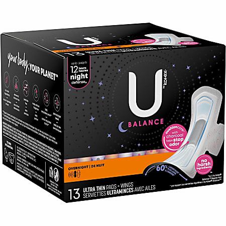 U by Kotex Ultra Thin Overnight Pads - With Wings - Individually Wrapped, Anti-leak, Absorbent, Odor-absorbing - 13Box - 1 Each