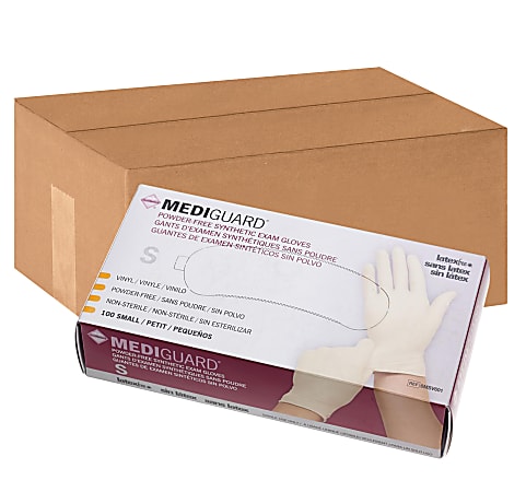 MediGuard Powder-Free Vinyl Synthetic Exam Gloves, Small, Cream, 100 Gloves Per Box, Case Of 10 Boxes