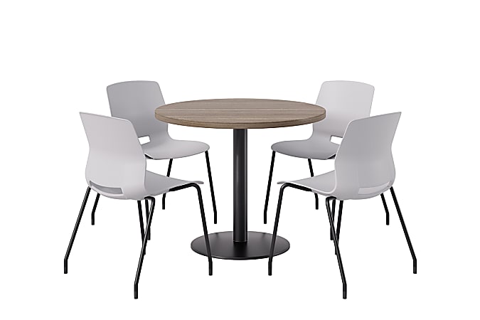 KFI Studios Midtown Pedestal Round Standard Height Table Set With Imme Armless Chairs, 31-3/4”H x 22”W x 19-3/4”D, Studio Teak Top/Black Base/Light Gray Chairs