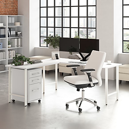 Bush Business Furniture Hustle 72"W L-Shaped Corner Computer Desk with 3 Drawer Mobile File Cabinet, White, Standard Delivery Service, HUS005WH