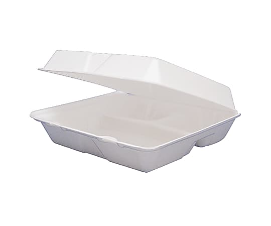Dart® Foam Hinged Lid Containers, 3 Compartments, 8.38 x 7.78 x 3.25, 200/CT