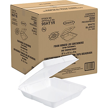 Dart Carryout Food Containers, Foam-Hinged, 1 Compartment, 9 1/2" x 9 1/4" x 3", White, Pack Of 200