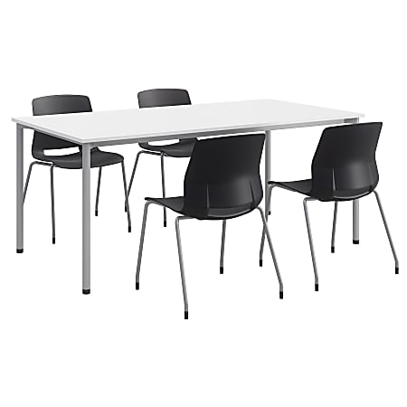 KFI Studios Dailey Table With 4 Chairs, White/Silver Table, Black/Silver Chairs