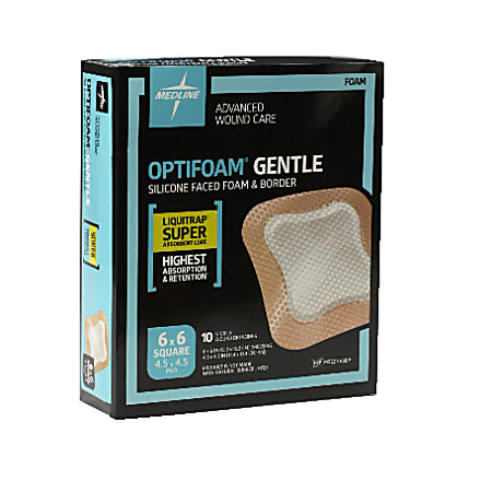 Medline Optifoam® Gentle Silicone-Faced Foam & Border With Liquitrap™ Core Dressings, 6" x 6", Natural, Box Of 10