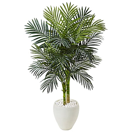 Nearly Natural Golden Cane Palm 54" Artificial Tree With Oval Planter, Green/White