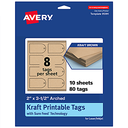 Avery® Print-To-The-Edge Tags With Sure Feed® Technology, 2"x3-1/2" Arched, Kraft Brown, Pack Of 80