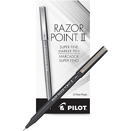 Pilot® Razor Point II Marker Pens, Pack Of 12, Super Fine Point, 0.3 mm, Black Barrel, Black Ink