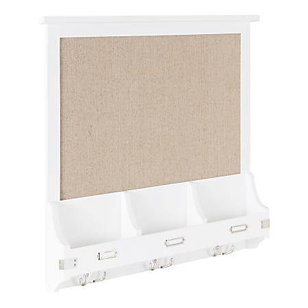 Kate and Laurel Stallard Non-Magnetic Pinboard With Hooks, 24&rdquo; x 24&rdquo;, Tan, White Wood Frame