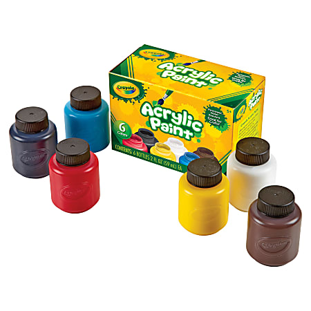 Crayola 6-color Acrylic Paint Set - 2 oz - 6 / Set - Deep Red, Brilliant Yellow, Burnt Umber, Ivory Black, Titanium White, Brilliant Blue