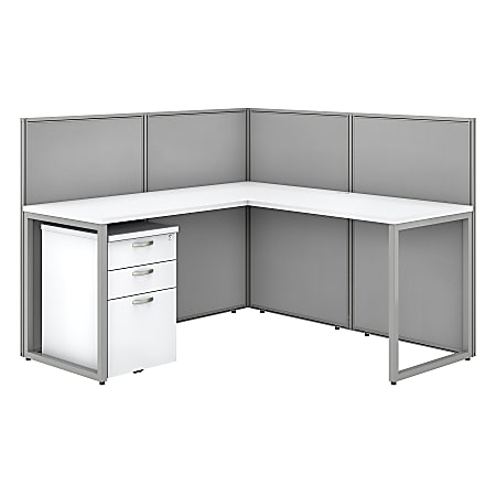 Bush Business Furniture Easy Office 60"W L-Shaped Cubicle Desk With File Cabinet And 45"H Panels, Pure White/Silver Gray, Premium Installation