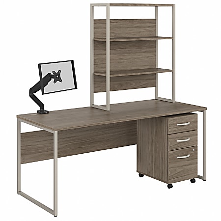 Bush® Business Furniture Hybrid 72"W Computer Desk With Hutch, Mobile File Cabinet And Monitor Arm, Modern Hickory, Premium Installation