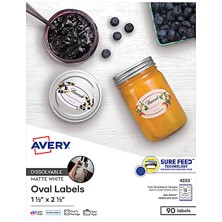 Avery® Dissolvable Labels, 4223, Oval, 1 1/2" x 2 1/2", White, Pack Of 90
