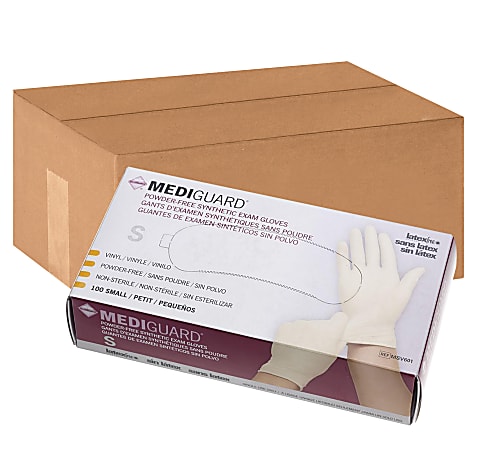 MediGuard® Powder-Free Stretch Vinyl Exam Gloves, Small, Beige, 100 Gloves Per Box, Case Of 10 Boxes