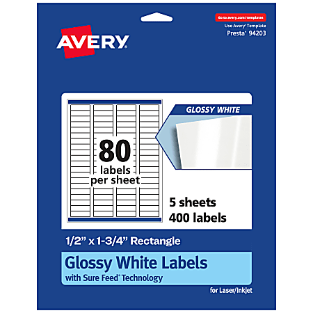 Avery® Glossy Permanent Labels With Sure Feed®, 94203-WGP5, Rectangle, 1/2" x 1-3/4", White, Pack Of 400