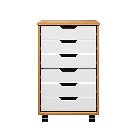 Trendfurn Omnia Wide Roll Cart, 6 Drawers, 25-3/4” x 16-1/8”, White/Honey