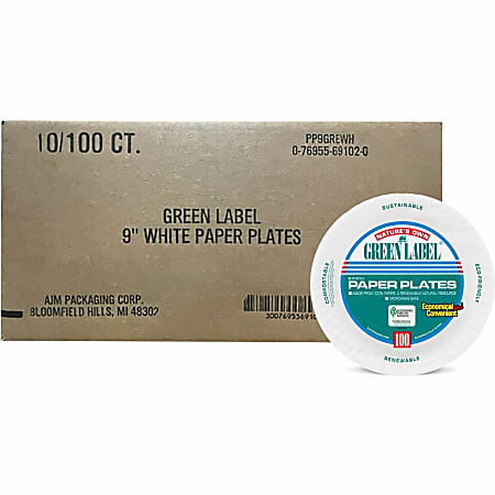 AJM Packaging Green Label Paper Plates, 9&quot;, White,