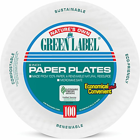 AJM Packaging Green Label Paper Plates, 9 , White, 100 Plates per Pack