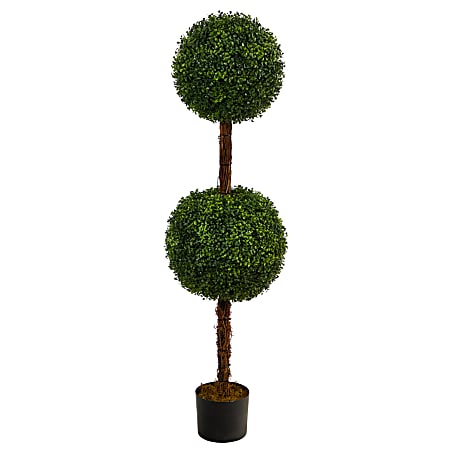Nearly Natural Boxwood Double Ball Topiary 4.5’H Artificial Tree With Planter, 54”H x 14”W x 14”D, Green/Black