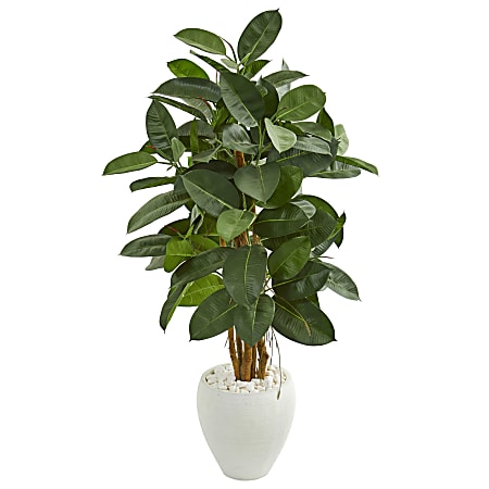 Nearly Natural 53" Artificial Rubber Tree With Planter, Green/White