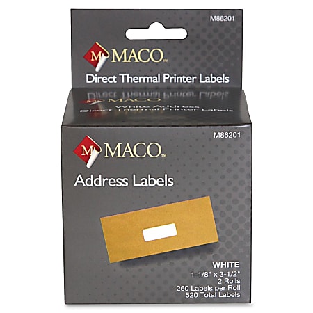 MACO® Direct Thermal White Address Labels, MACM86201, Permanent Adhesive, 1 1/8"W x 3 1/2"L, Direct Thermal, Bright White, 260 Per Roll, Box Of 520