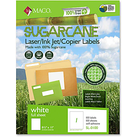 MACO® Laser/Ink Jet/Copier Sugarcane Full Sheet Labels, MACMSL0100, Permanent Adhesive, 8 1/2"W x 11"L, Rectangle, White, Box Of 100