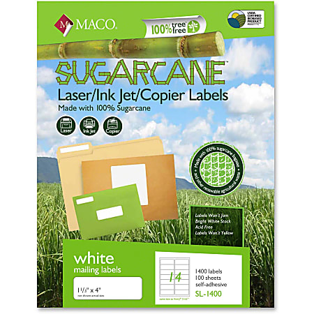 MACO® Laser/Ink Jet File/Copier Sugarcane Address Labels, MACMSL1400, Permanent Adhesive, 1 21/64"W x 4"L, Rectangle, White, 14 Per Sheet , Box of 1,400