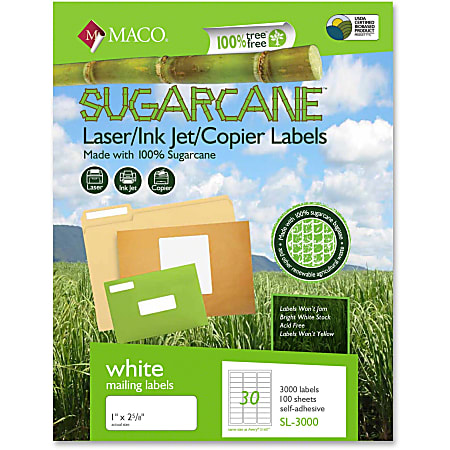 MACO® Laser/Ink Jet File/Copier Sugarcane Address Labels, MACMSL3000, Permanent Adhesive, 1"W x 2 5/8"L, Rectangle, White - 30 Per Sheet, Box Of 3,000
