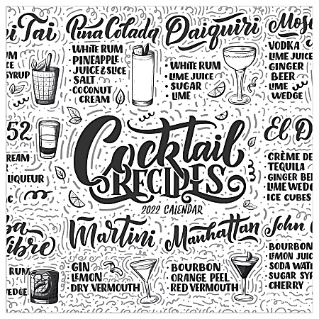 TF Publishing Arts & Entertainment Monthly Wall Calendar, 12" x 12", Cocktail Menu, January To December 2022