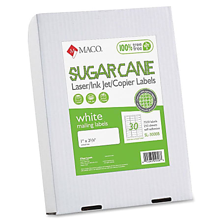 MACO Laser / Ink Jet File / Copier Sugarcane Address Labels - Permanent Adhesive - 1" Width x 2 5/8" Length - Rectangle - Inkjet, Laser - Bright White - 30 / Sheet - 7500 / Box