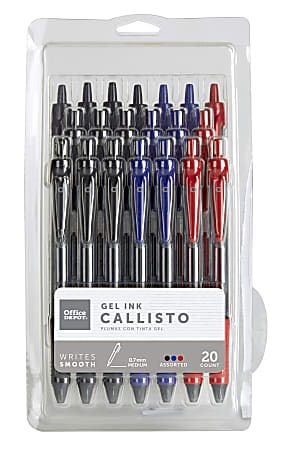 Office Depot® Brand Callisto Retractable Gel Ink Pens, Medium Point, 0.7 mm, Visible Ink Supply, Assorted Classic Ink Colors, Pack Of 20