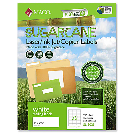 MACO Laser / Ink Jet File / Copier Sugarcane Address Labels - Permanent Adhesive - 1" Width x 2 5/8" Length - Rectangle - Inkjet, Laser - White - 30 / Sheet - 750 / Pack