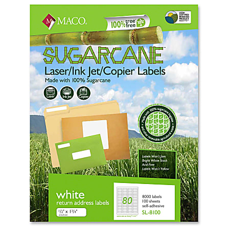 MACO Laser / Ink Jet File / Copier Sugarcane Return Address Labels - Permanent Adhesive - 1/2" Width x 1 3/4" Length - Rectangle - Inkjet, Laser - White - 80 / Sheet - 8000 / Box