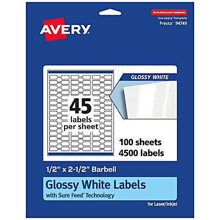 Avery® Glossy Permanent Labels With Sure Feed®, 94749-WGP100, Barbell, 1/2" x 2-1/2", White, Pack Of 4,500