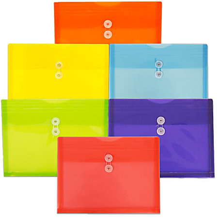 JAM Paper® Plastic Letter Booklet Envelopes, 9-3/4" x 13", Button & String Closure, Assorted Colors, Pack Of 6 Envelopes