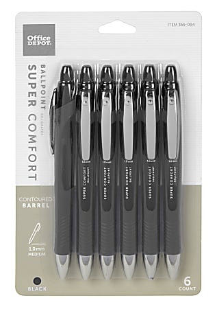 Office Depot® Brand Retractable Ballpoint Pens With Grip, Medium Point, 1.0 mm, Black Barrel, Black Ink, Pack Of 6