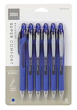 Office Depot® Brand Retractable Ballpoint Pens With Grip, Medium Point, 1.0 mm, Blue Barrel, Blue Ink, Pack Of 6