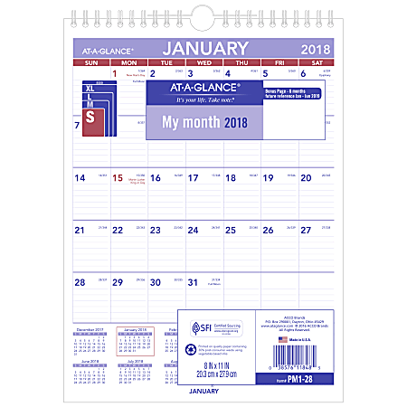 AT-A-GLANCE® Monthly Wall Calendar, 8" x 11", Blue/Red, January to December 2018 (PM128-18)
