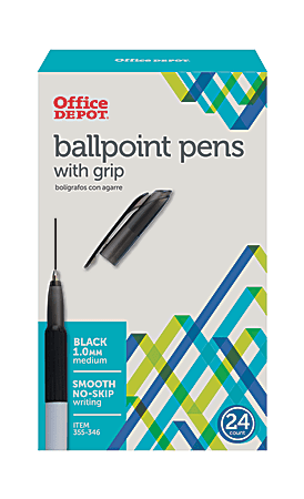 Office Depot® Brand Grip Ballpoint Pens, Medium Point, 1.0 mm, White Barrel, Black Ink, Pack Of 24 Pens
