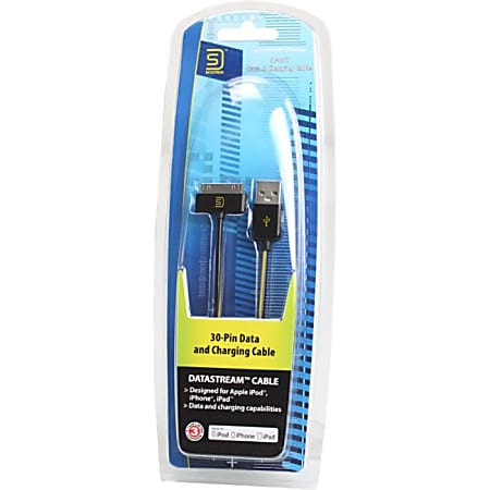 DataStream Professional Series DataStream iPod 30-pin cable (data & charging) with MFI - 6 ft Proprietary/USB Data Transfer Cable for iPod, iPad, iPhone - First End: 1 x Male Proprietary Connector - Second End: 1 x Type A Male USB - Black