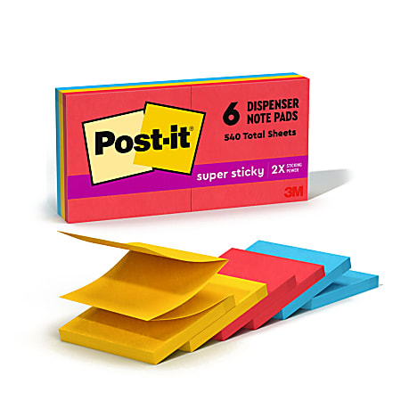 Post-it Super Sticky Pop Up Notes, 3 in x 3 in, 6 Pads, 90 Sheets/Pad, 2x the Sticking Power, Playful Primaries Collection