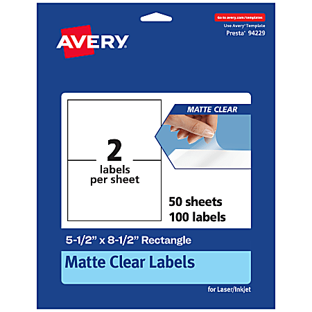 Avery® Permanent Labels, 94229-CMF50, Rectangle, 5-1/2" x 8-1/2", Matte Clear, Pack Of 100